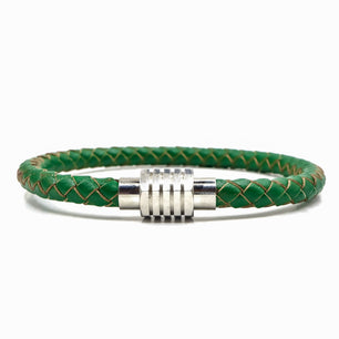 Green Leather and Shiny Stainless Steel Men's Bracelet