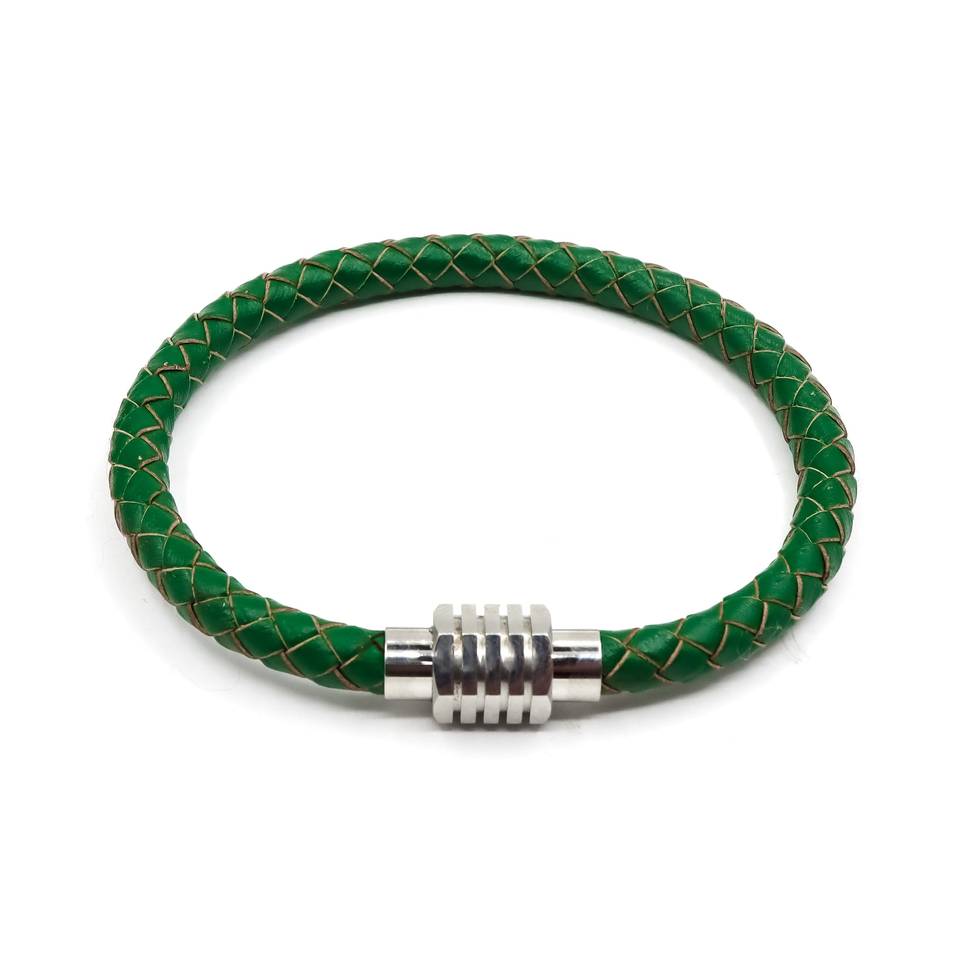 Green Leather and Shiny Stainless Steel Men's Bracelet