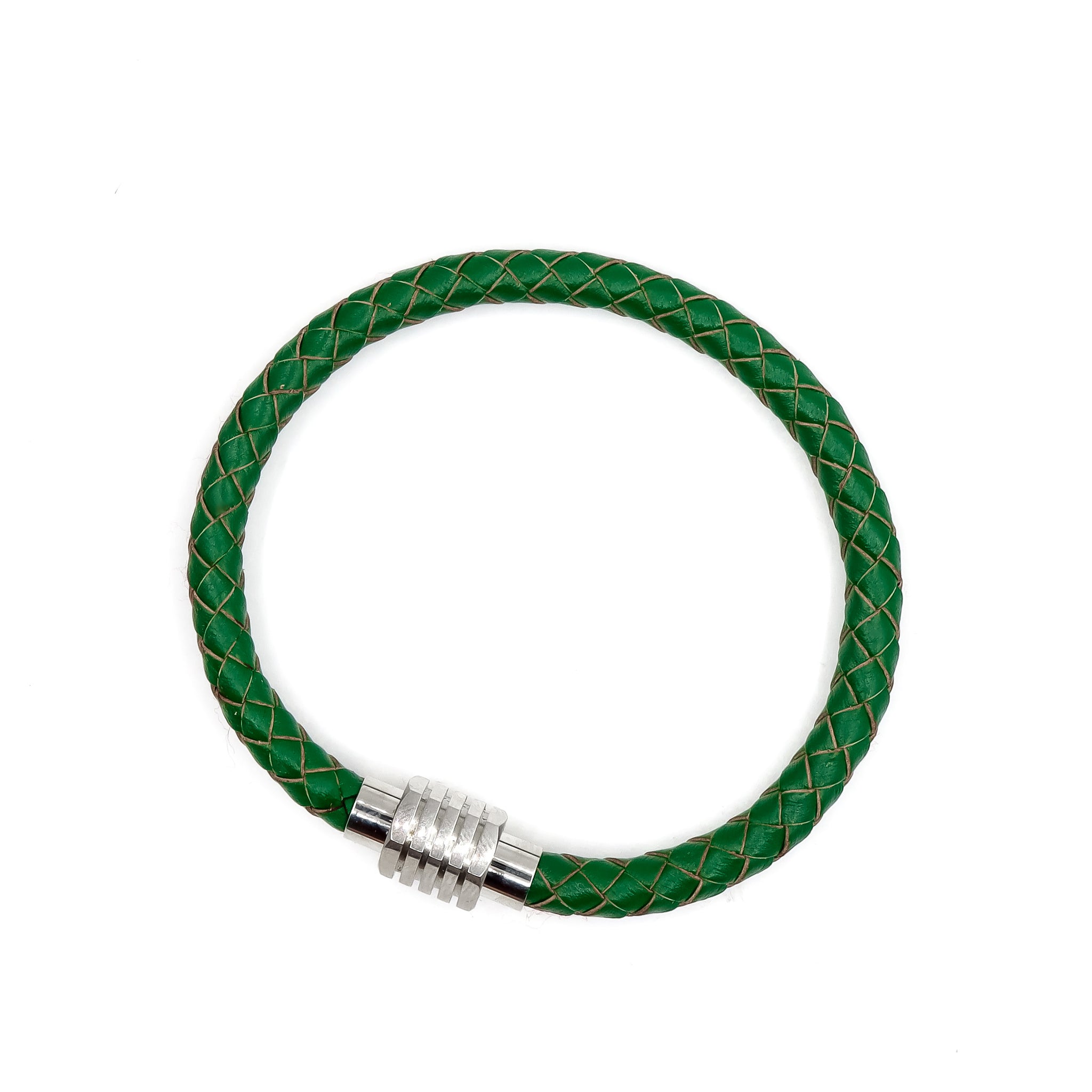 Green Leather and Silver Stainless Steel Men's Bracelet