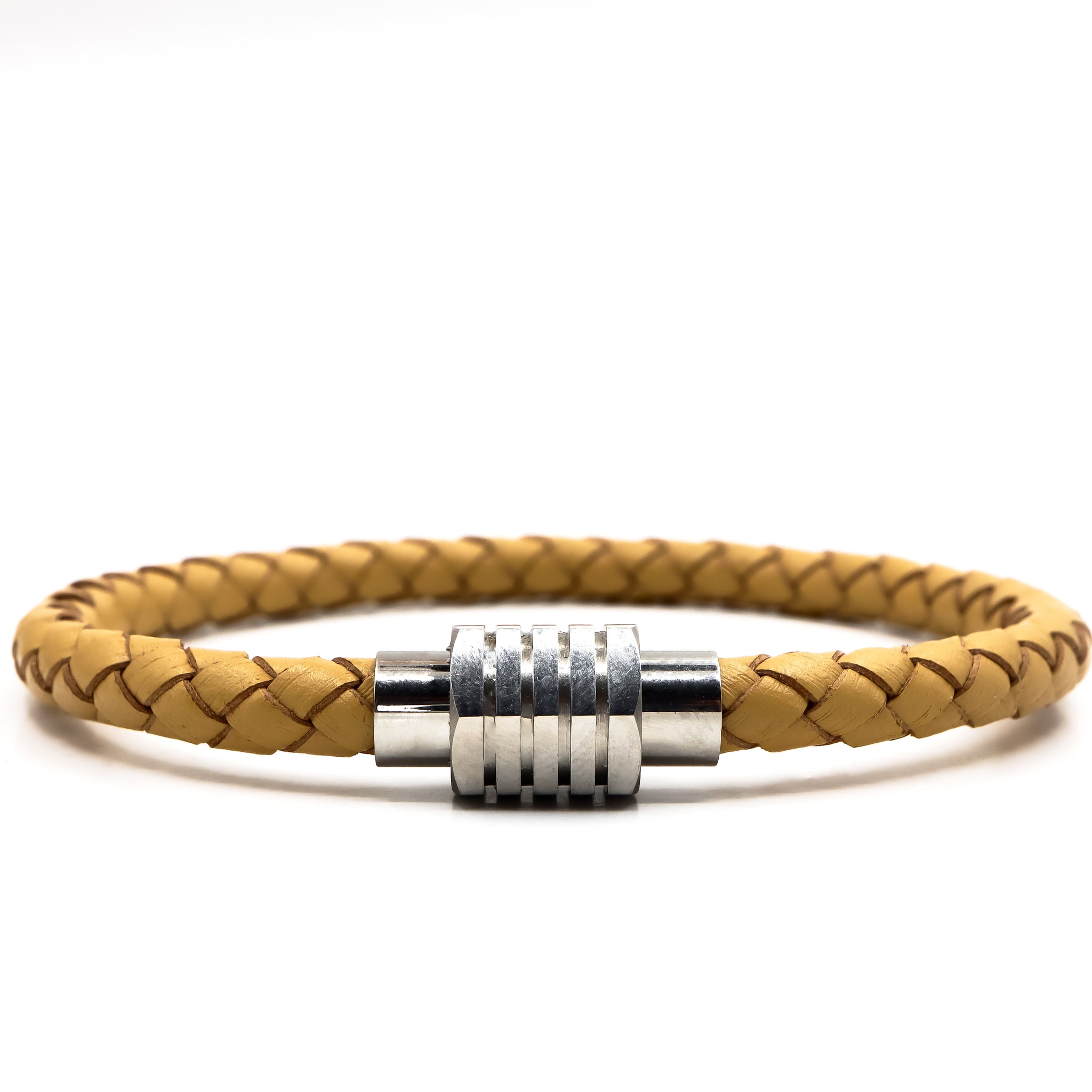 Beige Leather and Silver Stainless Steel Men's Bracelet