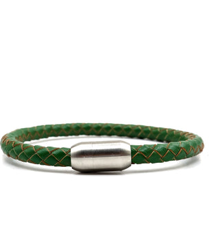 ROMALI Green Leather Matte Silver Magnetic Bracelet - ROMALI