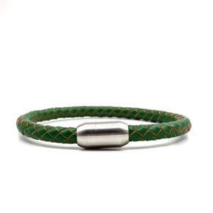 Green Leather and Matte Stainless Steel Men's Bracelet