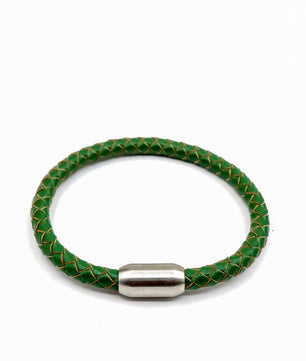 ROMALI Green Leather Matte Silver Magnetic Bracelet - ROMALI