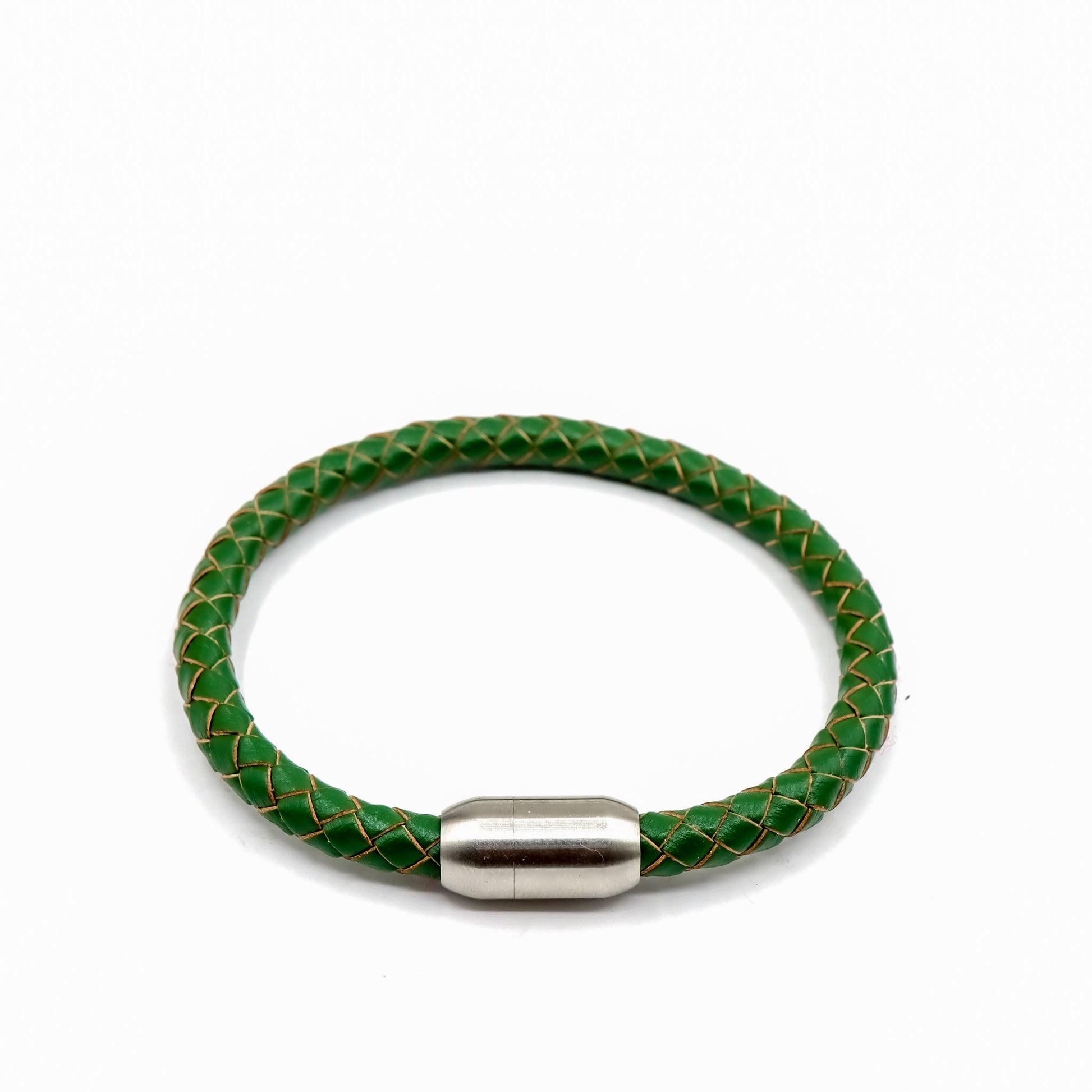 Green Leather and Matte Stainless Steel Men's Bracelet