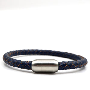 Navy Leather and Matte Stainless Steel Men's Bracelet