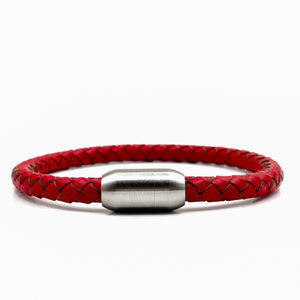 Red Leather and Matte Stainless Steel Men's Bracelet