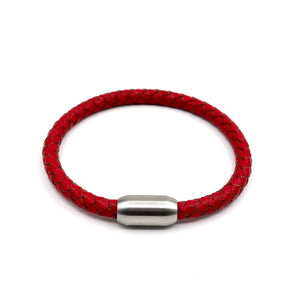 Red Leather and Matte Stainless Steel Men's Bracelet