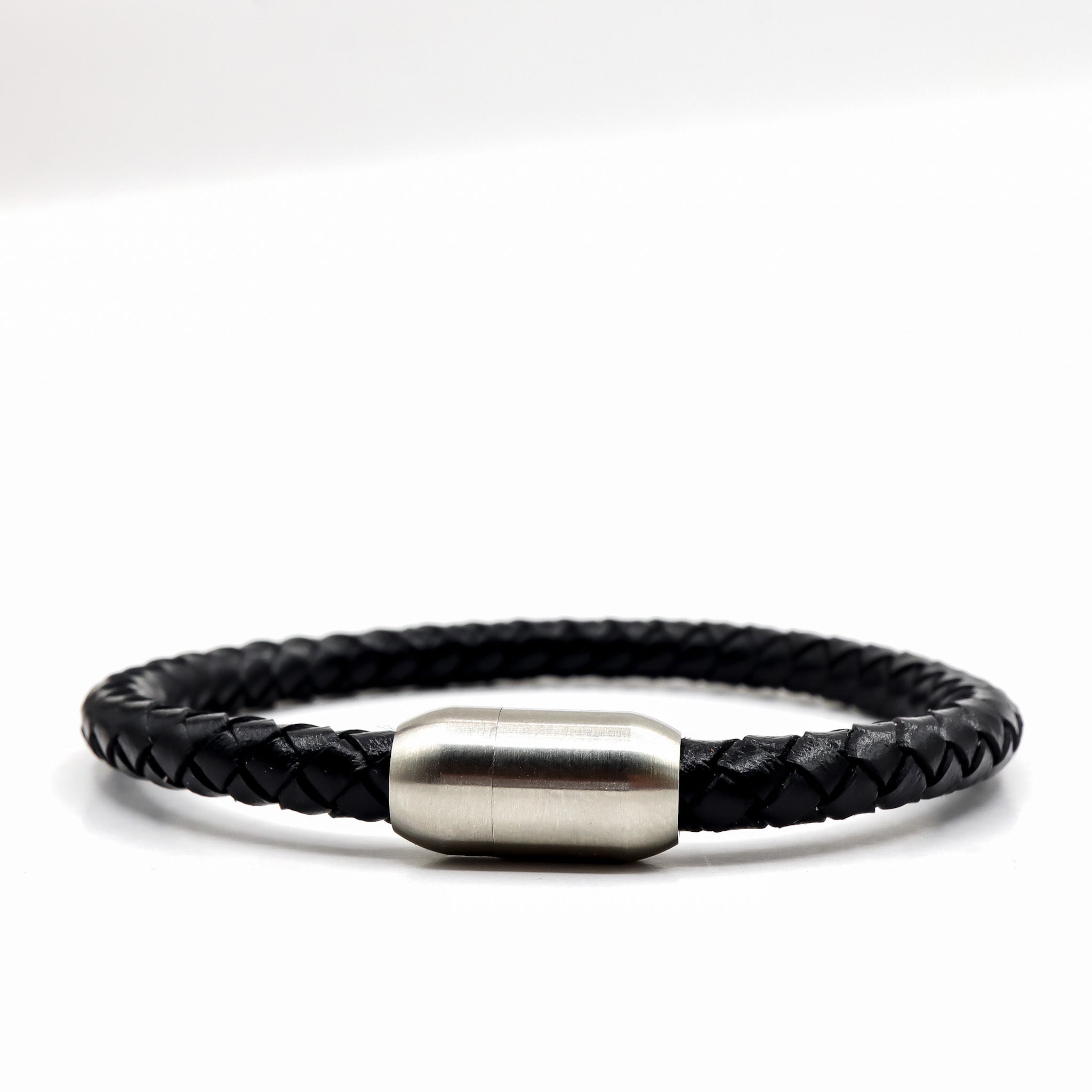 Black Leather and Matte Stainless Steel Men's Bracelet