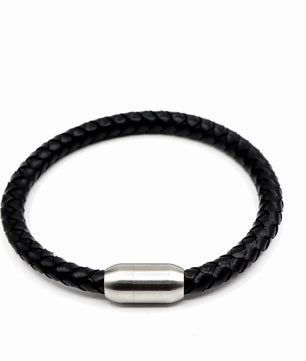 ROMALI Black Leather Matte Silver Magnetic Bracelet - ROMALI