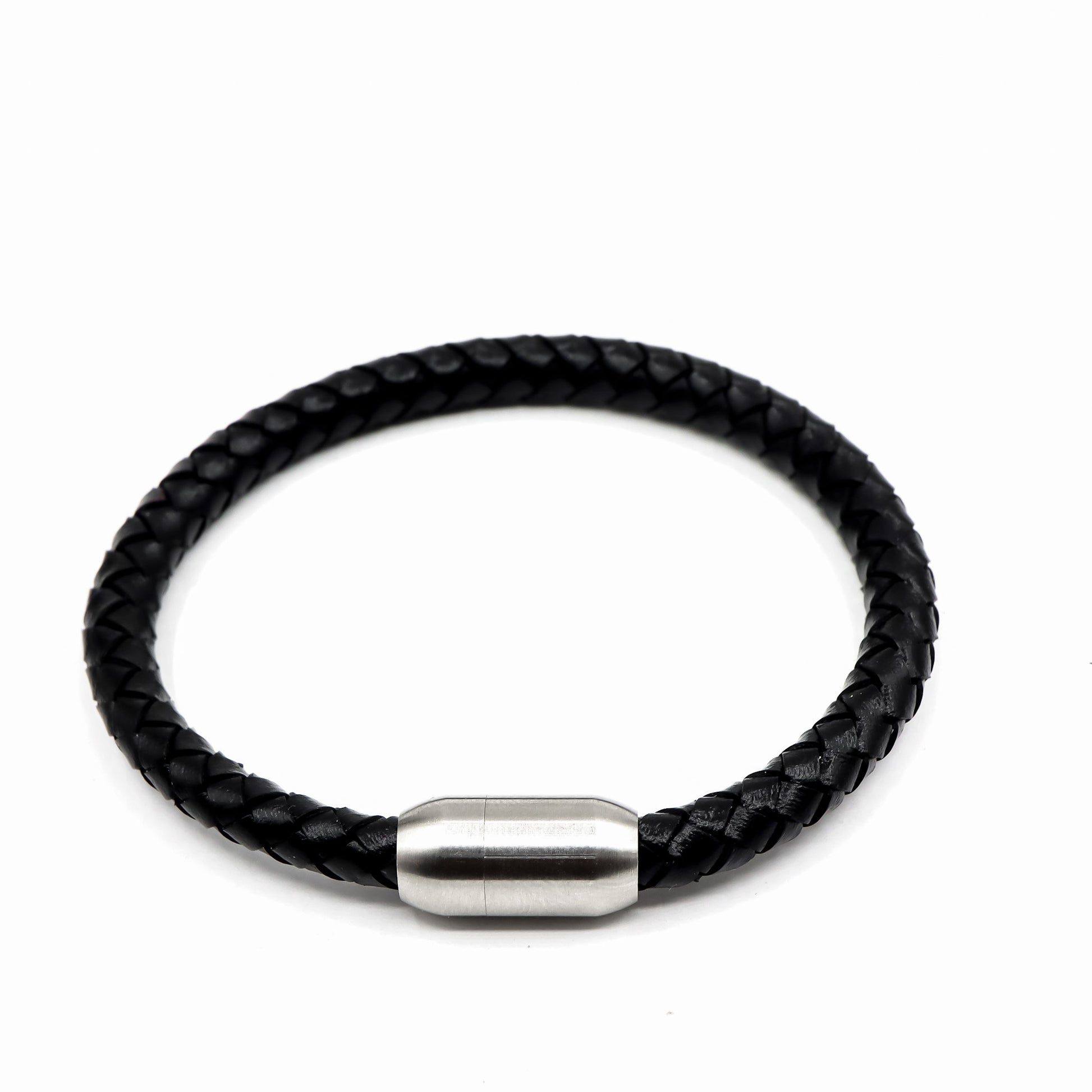 Black Leather and Matte Stainless Steel Men's Bracelet