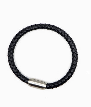 ROMALI Black Leather Matte Silver Magnetic Bracelet - ROMALI
