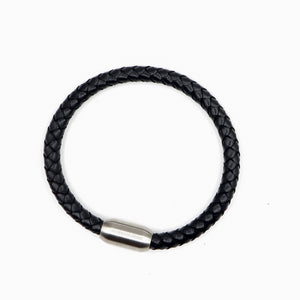 Black Leather and Matte Stainless Steel Men's Bracelet