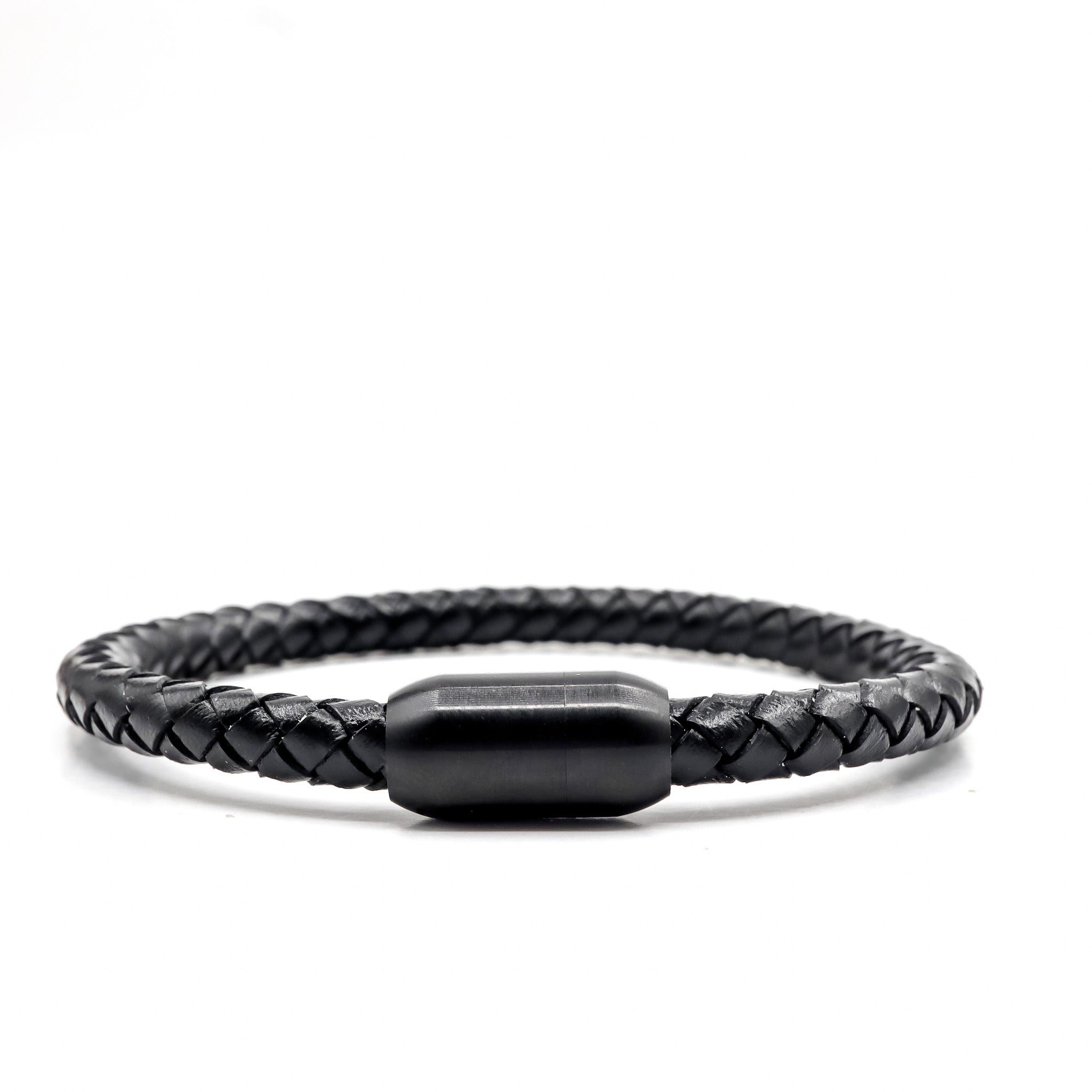 Black Leather and Matte Black Stainless Steel Men's Bracelet