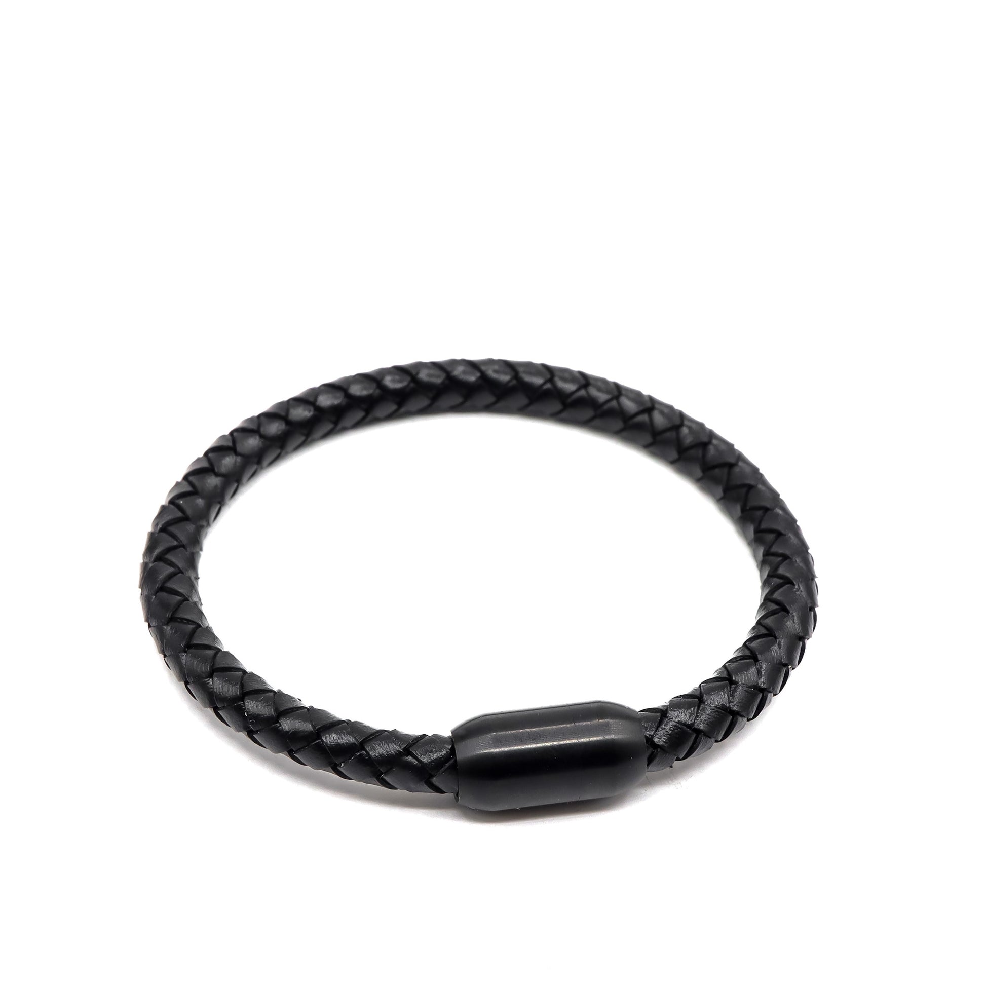 Black Leather and Matte Black Stainless Steel Men's Bracelet