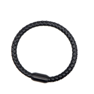 Black Leather and Matte Black Stainless Steel Men's Bracelet