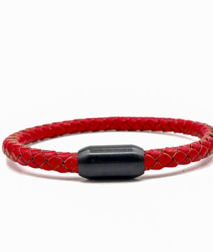 ROMALI Matte Black Stainless Steel Red Flat Leather Bracelet - ROMALI