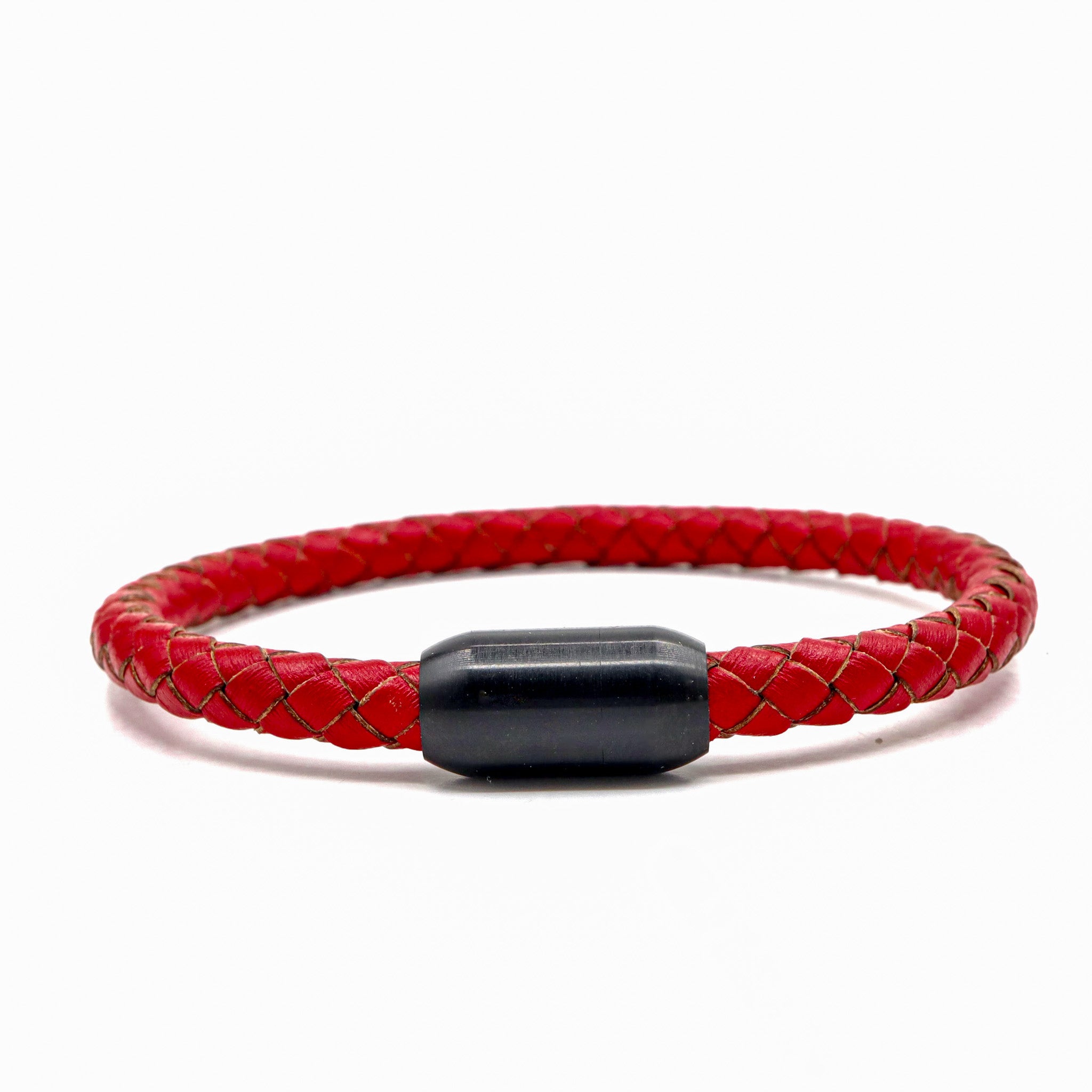 Red Leather and Matte Black Stainless Steel Men's Bracelet