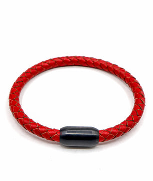 ROMALI Matte Black Stainless Steel Red Flat Leather Bracelet - ROMALI