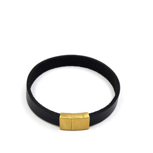 Black Leather and Gold Stainless Steel Men's Bracelet