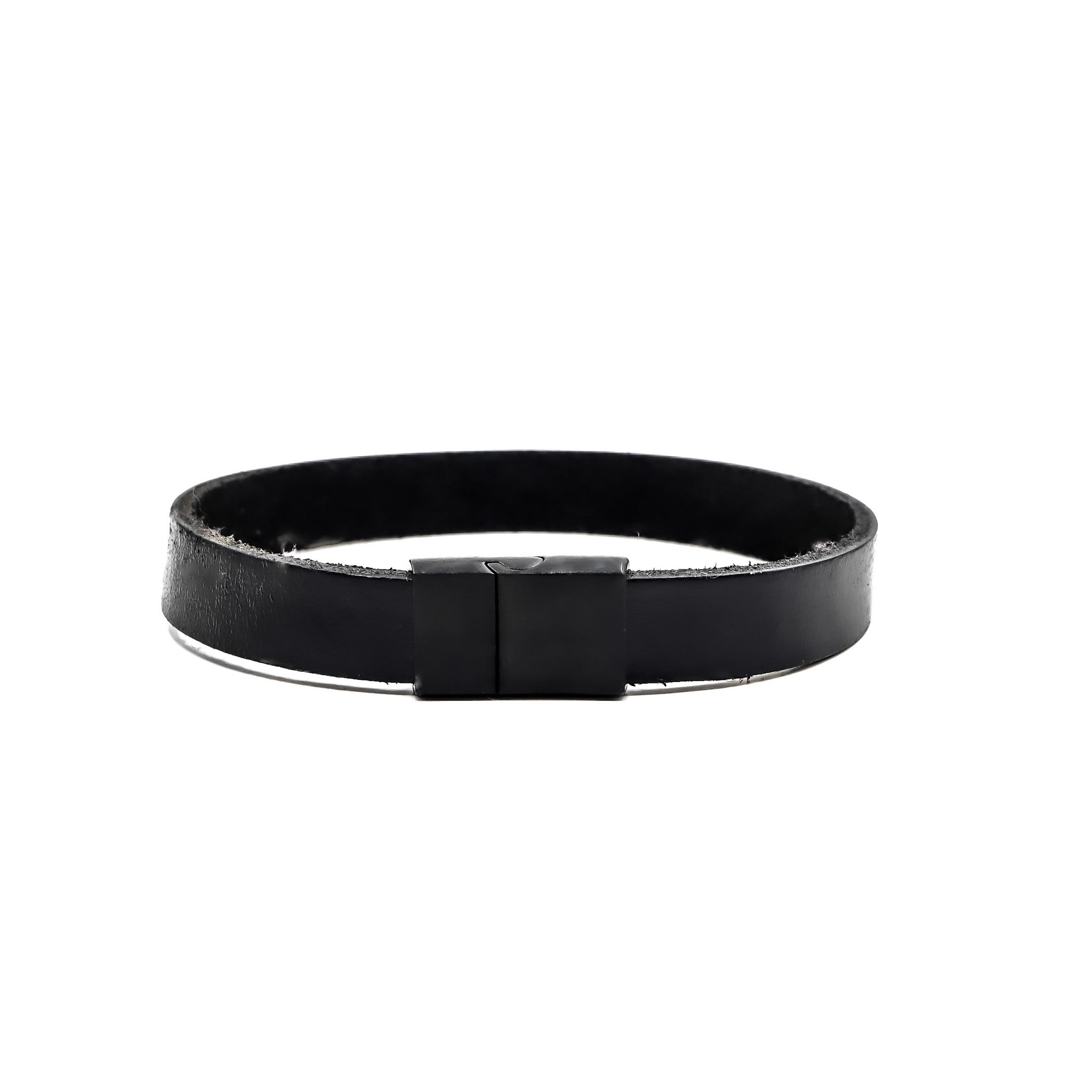 Black Leather and Matte Black Stainless Steel Men's Bracelet