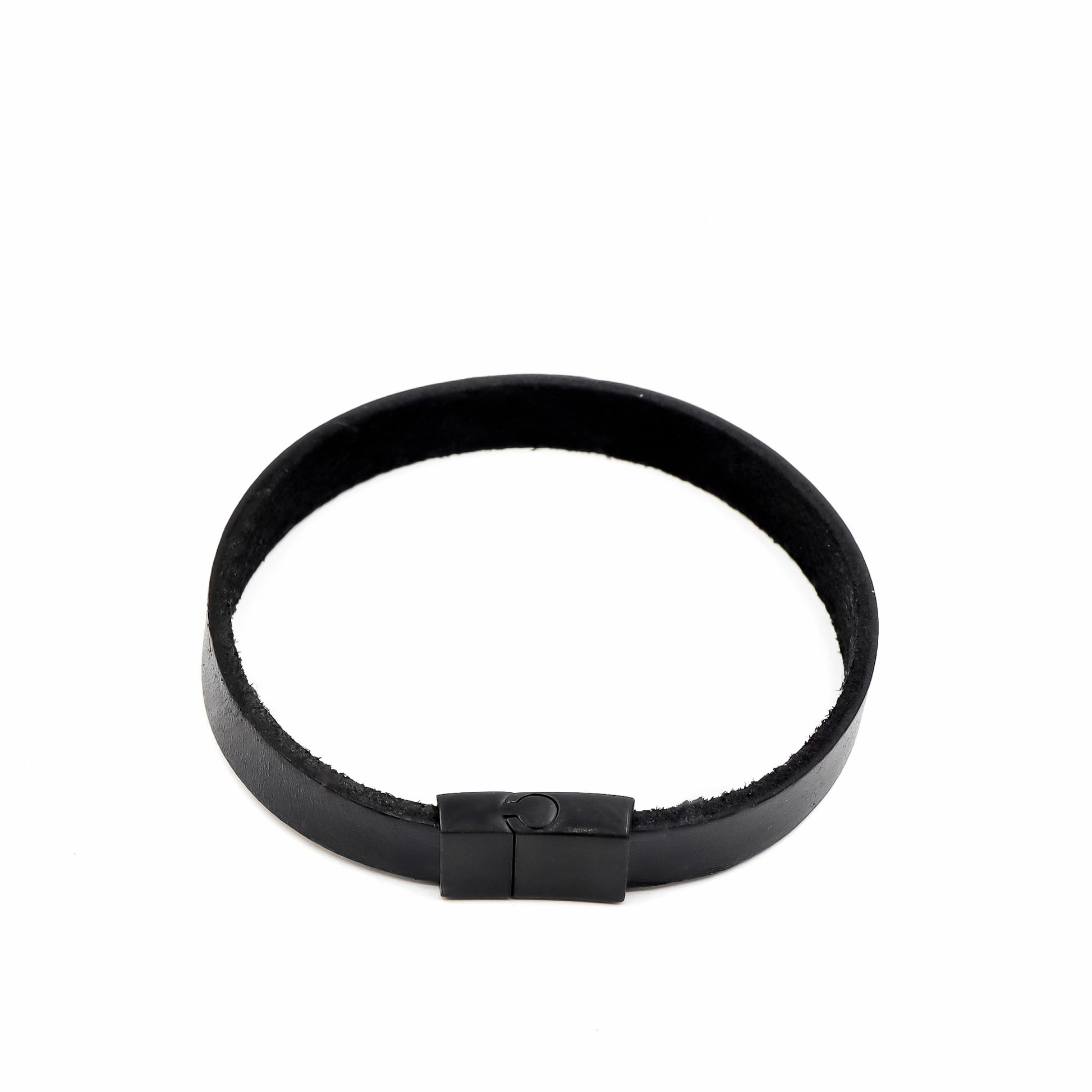 Black Leather and Matte Black Stainless Steel Men's Bracelet