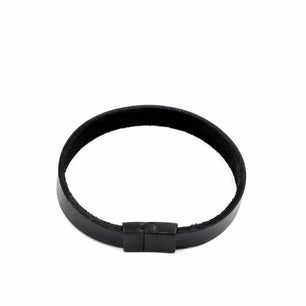 Black Leather and Matte Black Stainless Steel Men's Bracelet