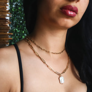 18k Gold-Plated Paperclip Chain Necklace - Freshwater Pearl