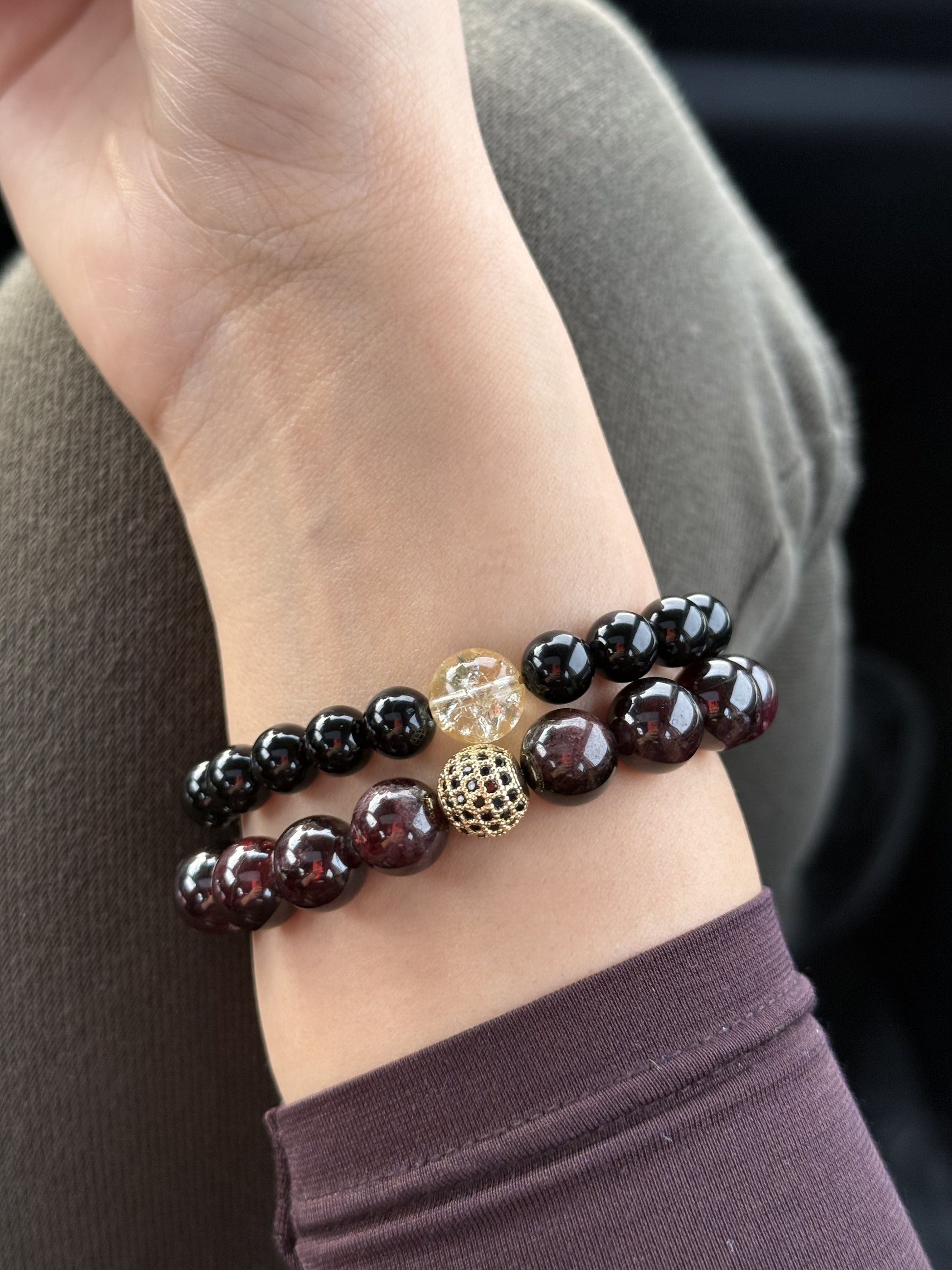 ROMALI Natural Black Obsidian & Citrine Beaded Bracelet – Money, Luck & Protection