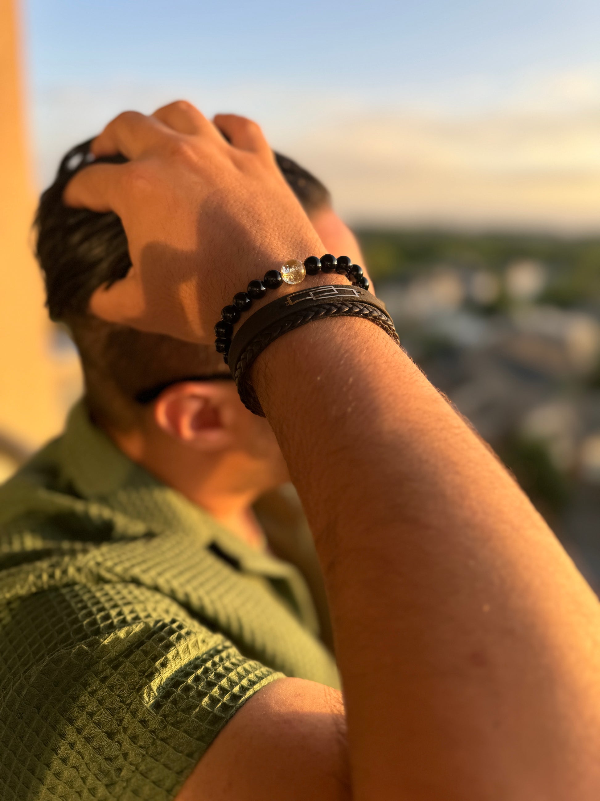 ROMALI Natural Black Obsidian & Citrine Beaded Bracelet – Money, Luck & Protection