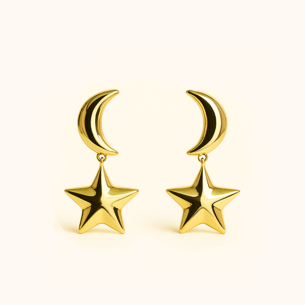 Romali 18K gold-plated crescent moon and star drop earrings on a white background