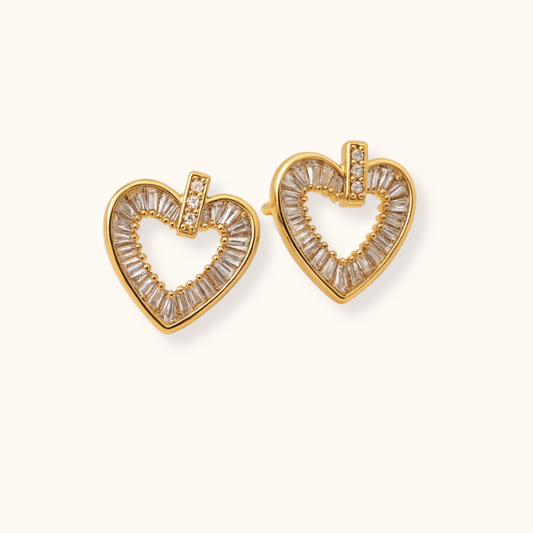 ROMALI 18K Gold-Plated Baguette Heart Cubic Zirconia Stud Earrings - ROMALI