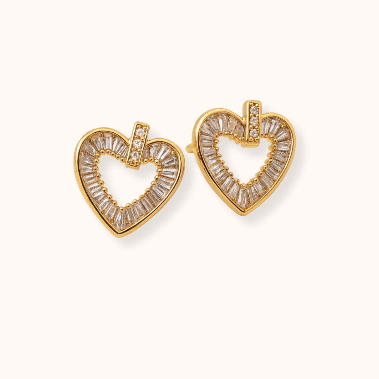 ROMALI 18K Gold-Plated Baguette Heart Cubic Zirconia Stud Earrings - ROMALI