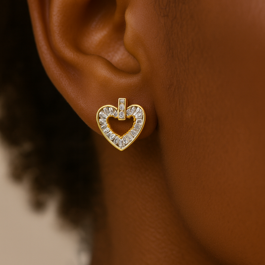 ROMALI 18K Gold-Plated Baguette Heart Cubic Zirconia Stud Earrings - ROMALI