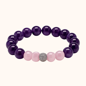 ROMALI Natural Amethyst & Rose Quartz Silver Plated Beaded Bracelet - 10mm - ROMALI