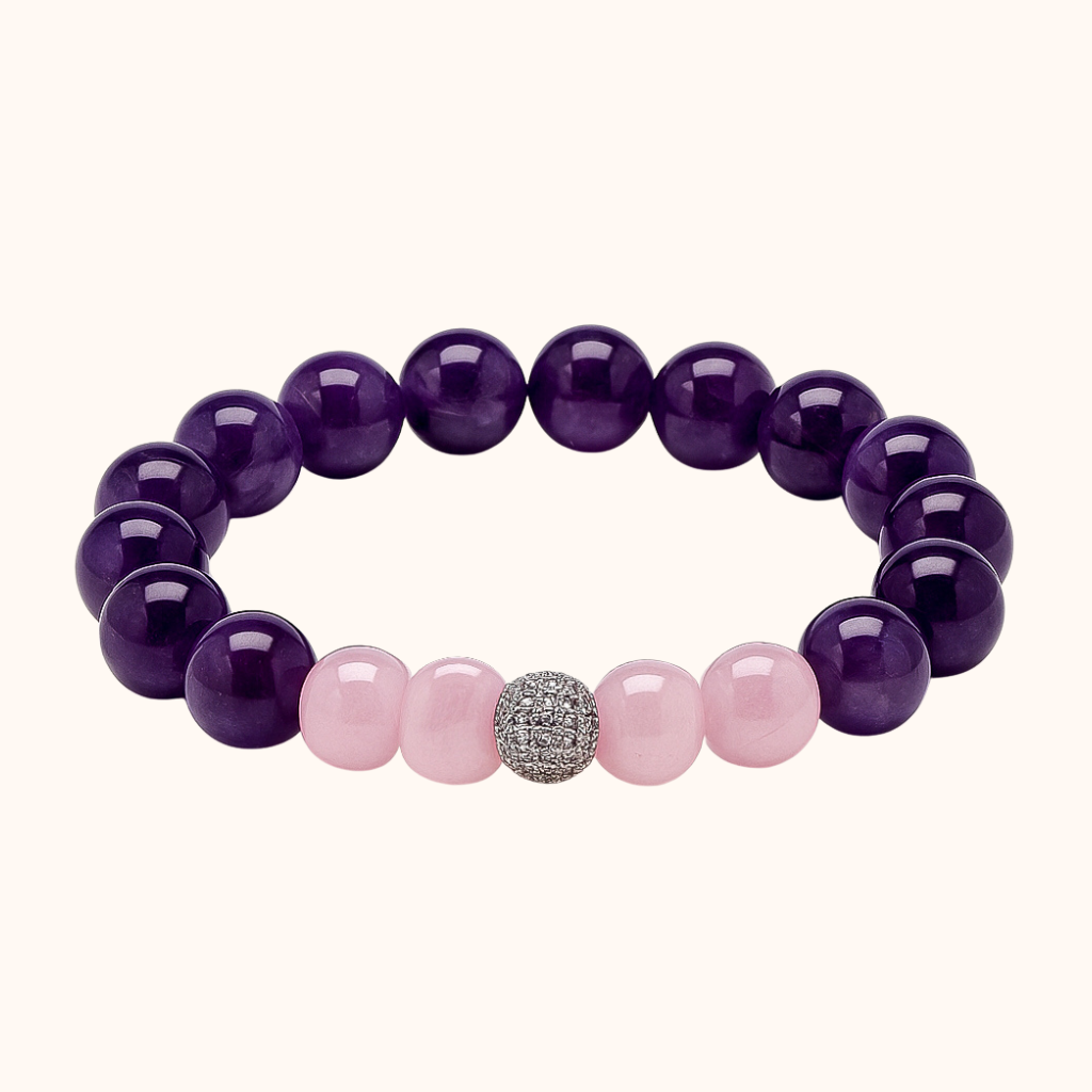 ROMALI Natural Amethyst & Rose Quartz Silver Plated Beaded Bracelet - 10mm - ROMALI