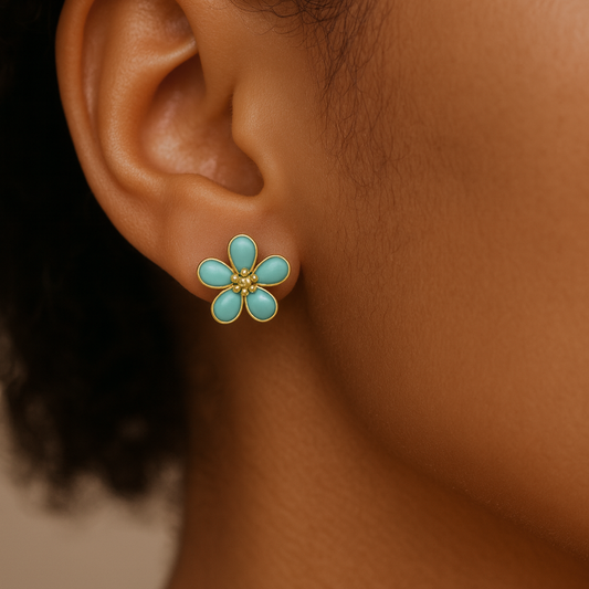 ROMALI 18K Gold-Plated Enamel Flower Stud Earrings – Dainty Five-Petal Floral - ROMALI