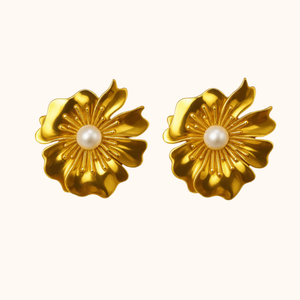 ROMALI 18K Gold-Plated Floral Statement Earrings with Pearl Center - ROMALI