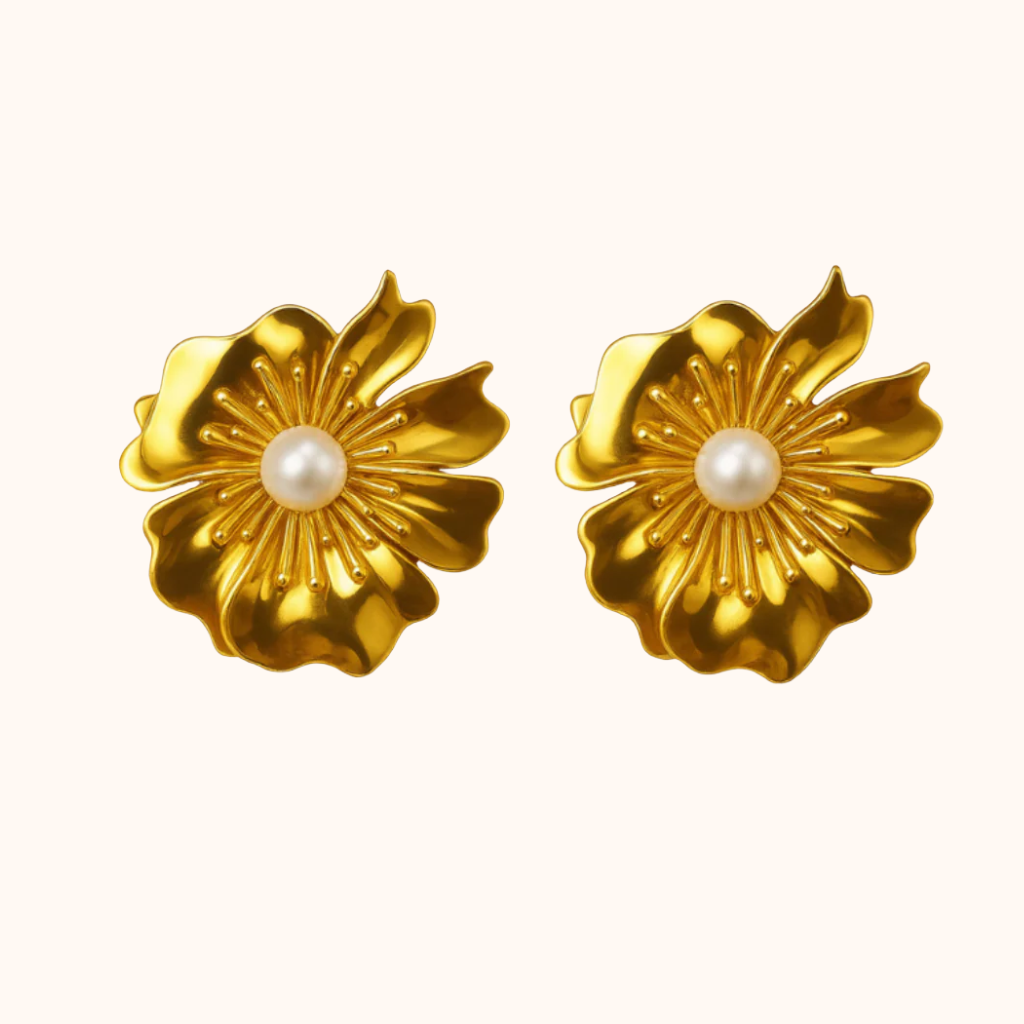 ROMALI 18K Gold-Plated Floral Statement Earrings with Pearl Center - ROMALI