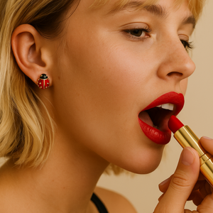 Woman applying red lipstick with a gold applicator on a beige background