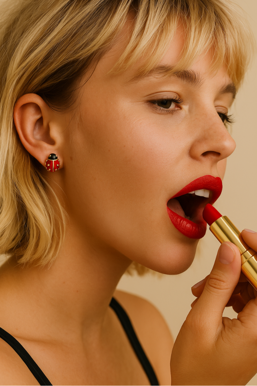 Woman applying red lipstick with a gold applicator on a beige background