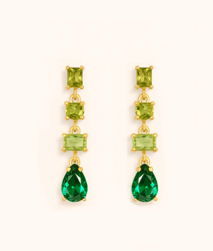Pair of gold earrings with green gemstones on a white background