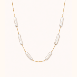 ROMALI Baroque Rectangle Pearl Station Necklace – Modern Pearl Elegance | 18K Gold-Plated