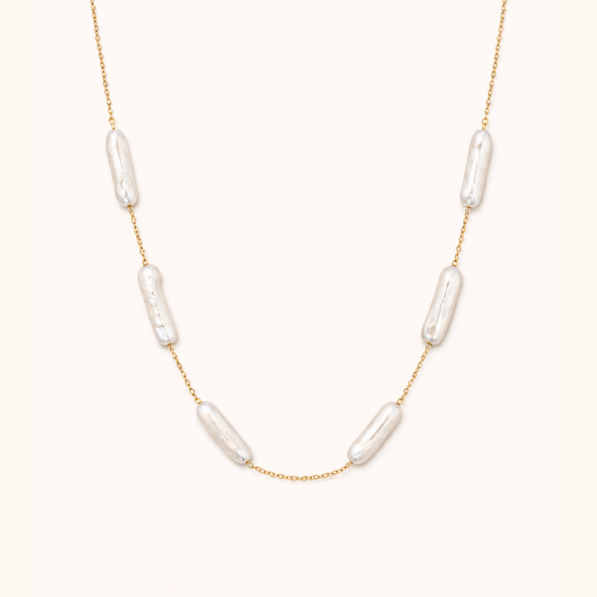 ROMALI Baroque Rectangle Pearl Station Necklace – Modern Pearl Elegance | 18K Gold-Plated