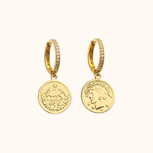 ROMALI Lion & Sun Iranian Coin Hoop Dangle Earrings | 18K Gold-Plated