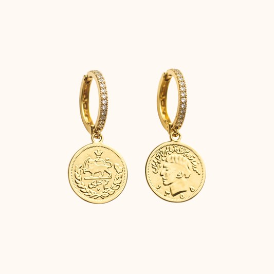 ROMALI Lion & Sun Iranian Coin Hoop Dangle Earrings | 18K Gold-Plated
