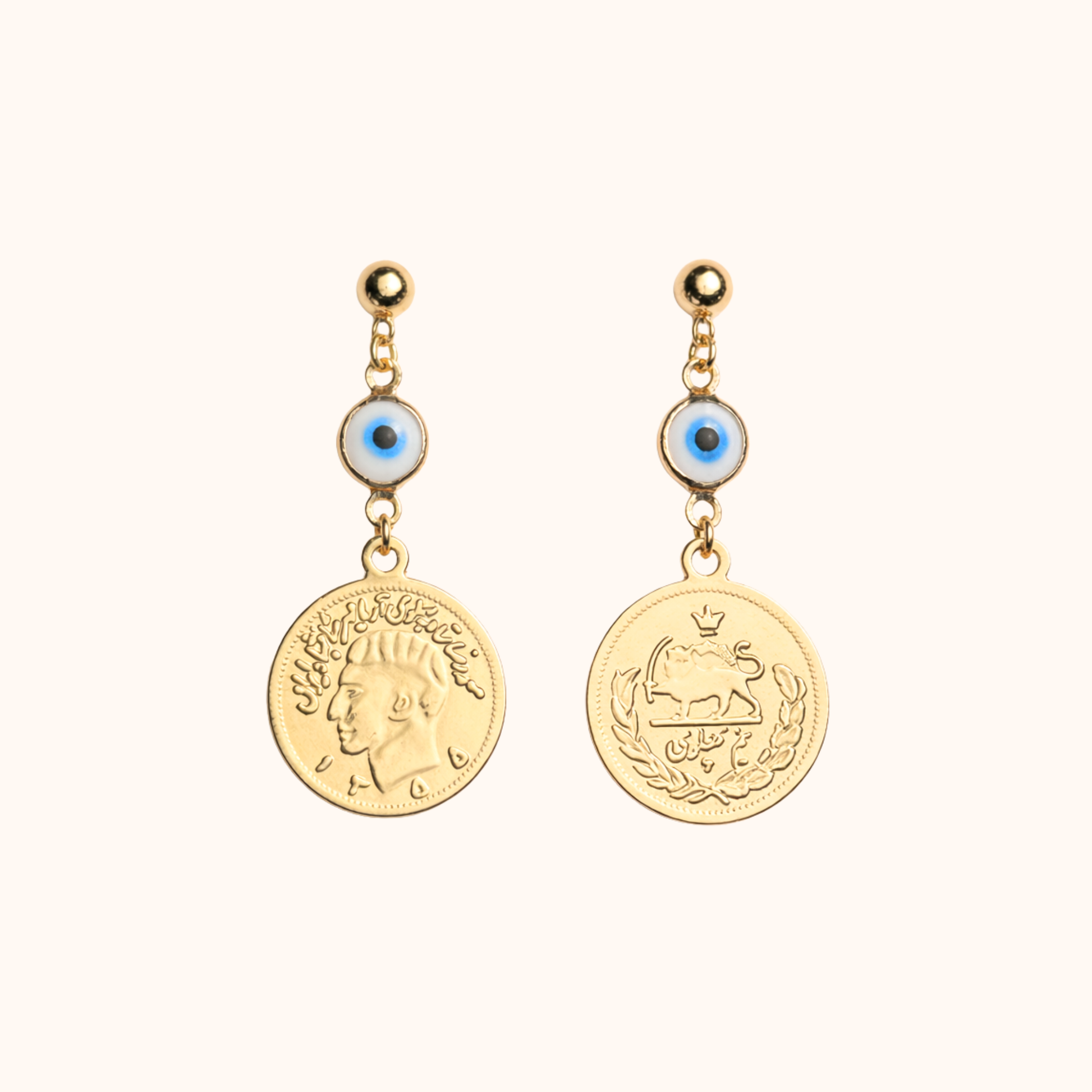 ROMALI Iranian Coin Evil Eye Drop Earrings | 18K Gold-Plated