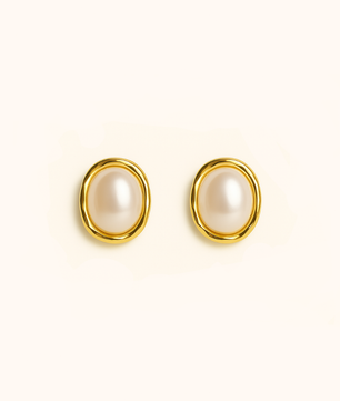 ROMALI 18K Gold-Plated Oval Shell Pearl Bezel Stud Earrings