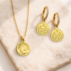 ROMALI Lion & Sun Iranian Coin Hoop Dangle Earrings | 18K Gold-Plated