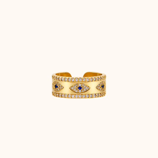 18K Gold-Plated Evil Eye Pavé Band Ring – Adjustable