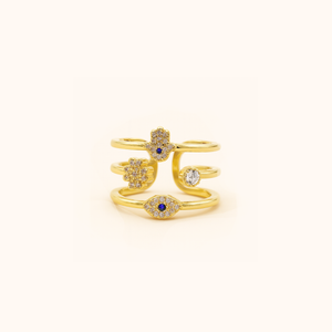 ROMALI 18K Gold-Plated Evil Eye & Hamsa Multi-Adjustable Band Ring – Protection & Good Energy